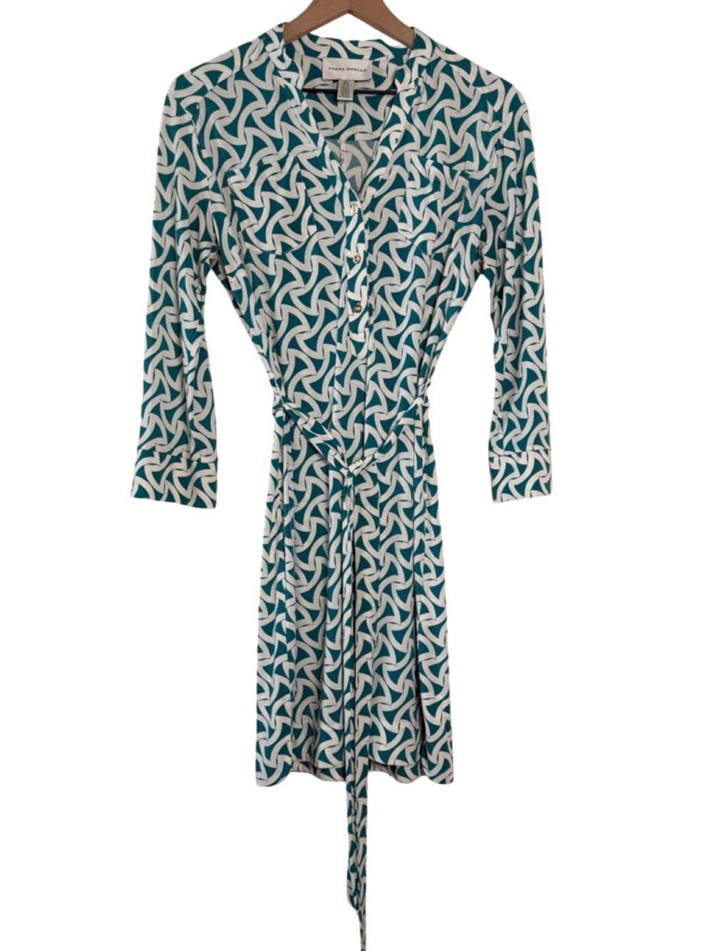 Donna Morgan Teal White Tie Waist Career Dress Size 6 Abstract‎ Print